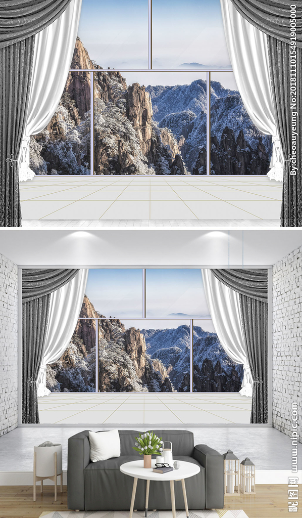 3D立体阳台窗户森林沙发背景墙