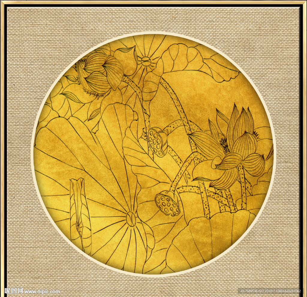 新中式金线荷花装饰画