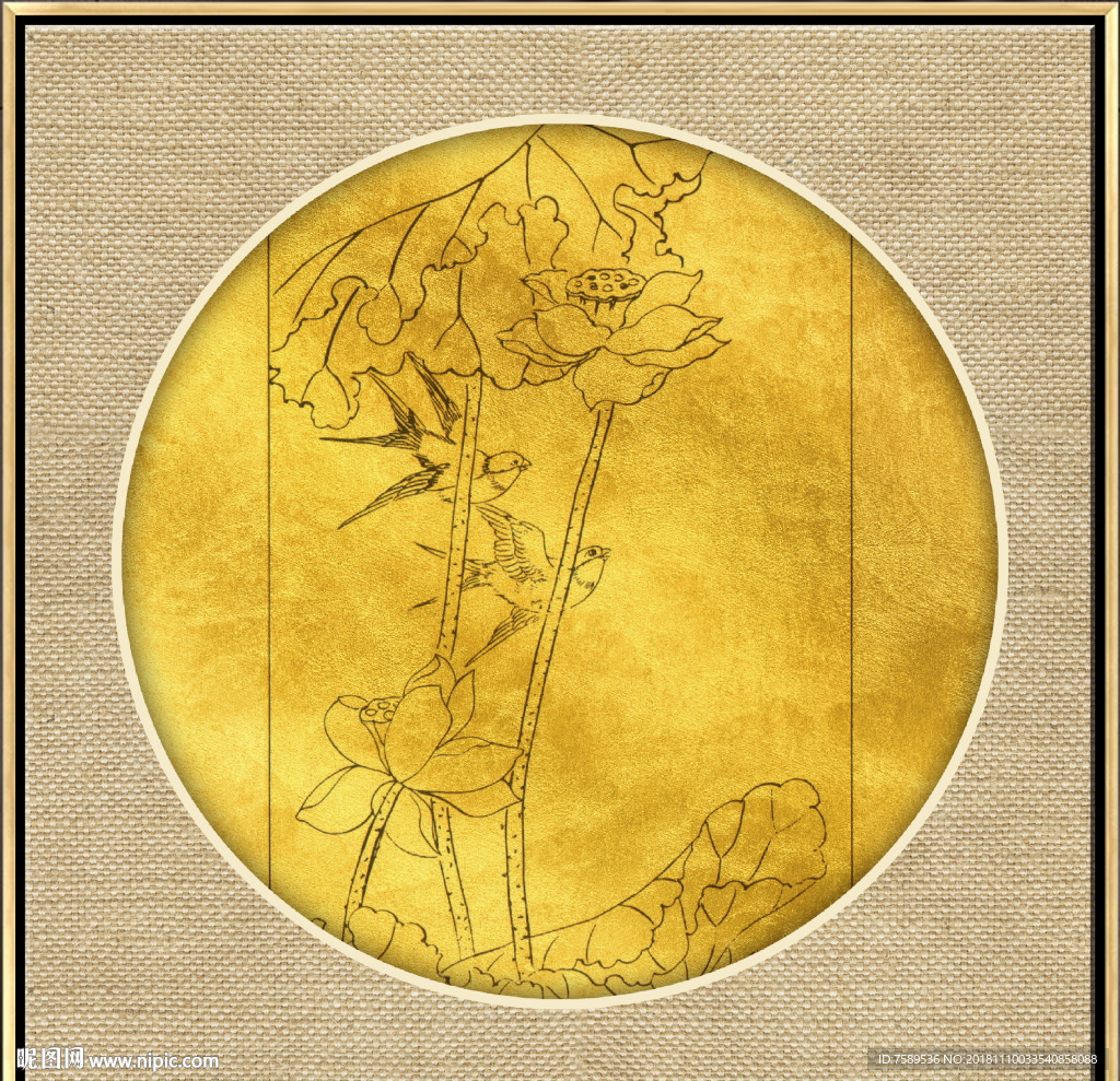 新中式金线荷花装饰画