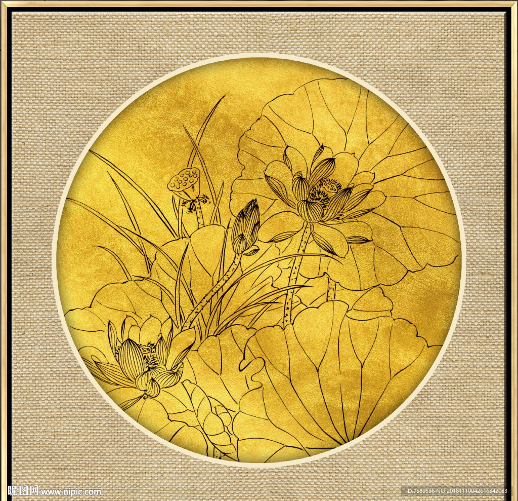 新中式金线荷花装饰画