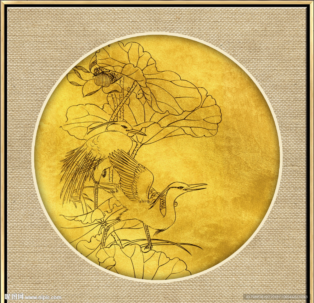 新中式金线荷花装饰画