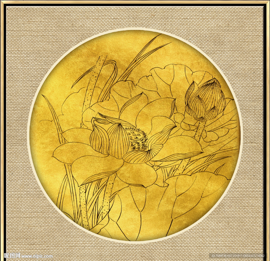 新中式金线荷花装饰画