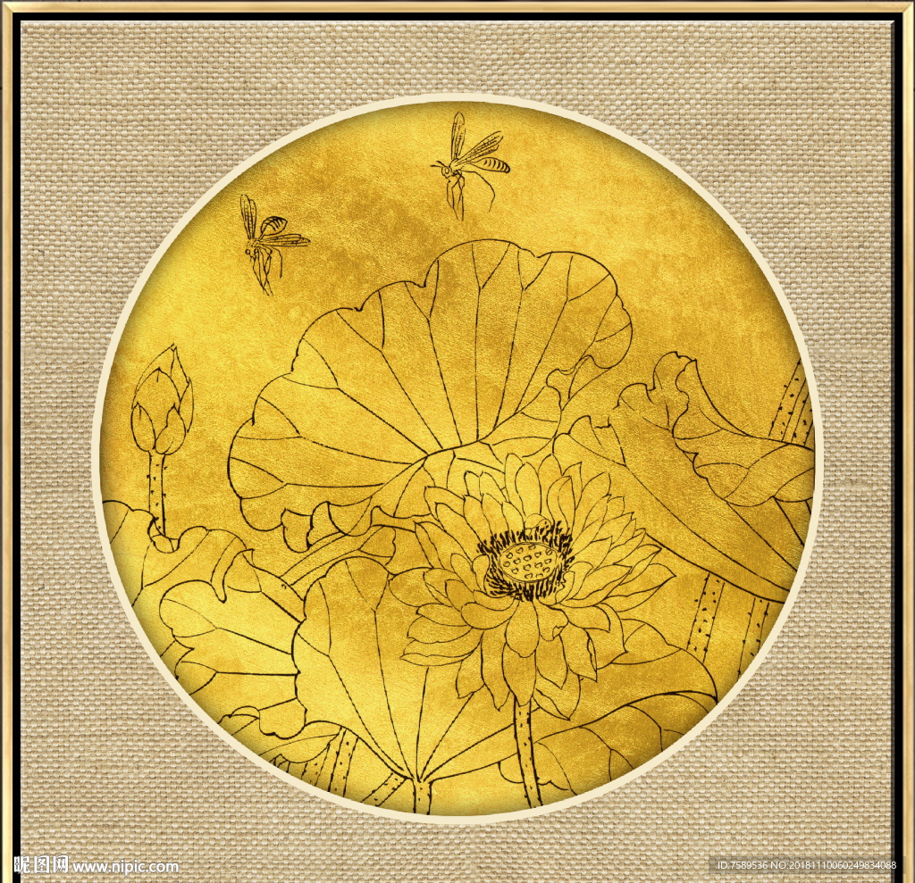 新中式金线荷花装饰画