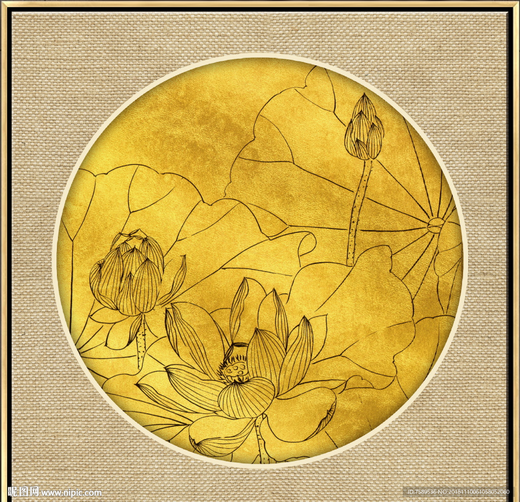 新中式金线荷花装饰画