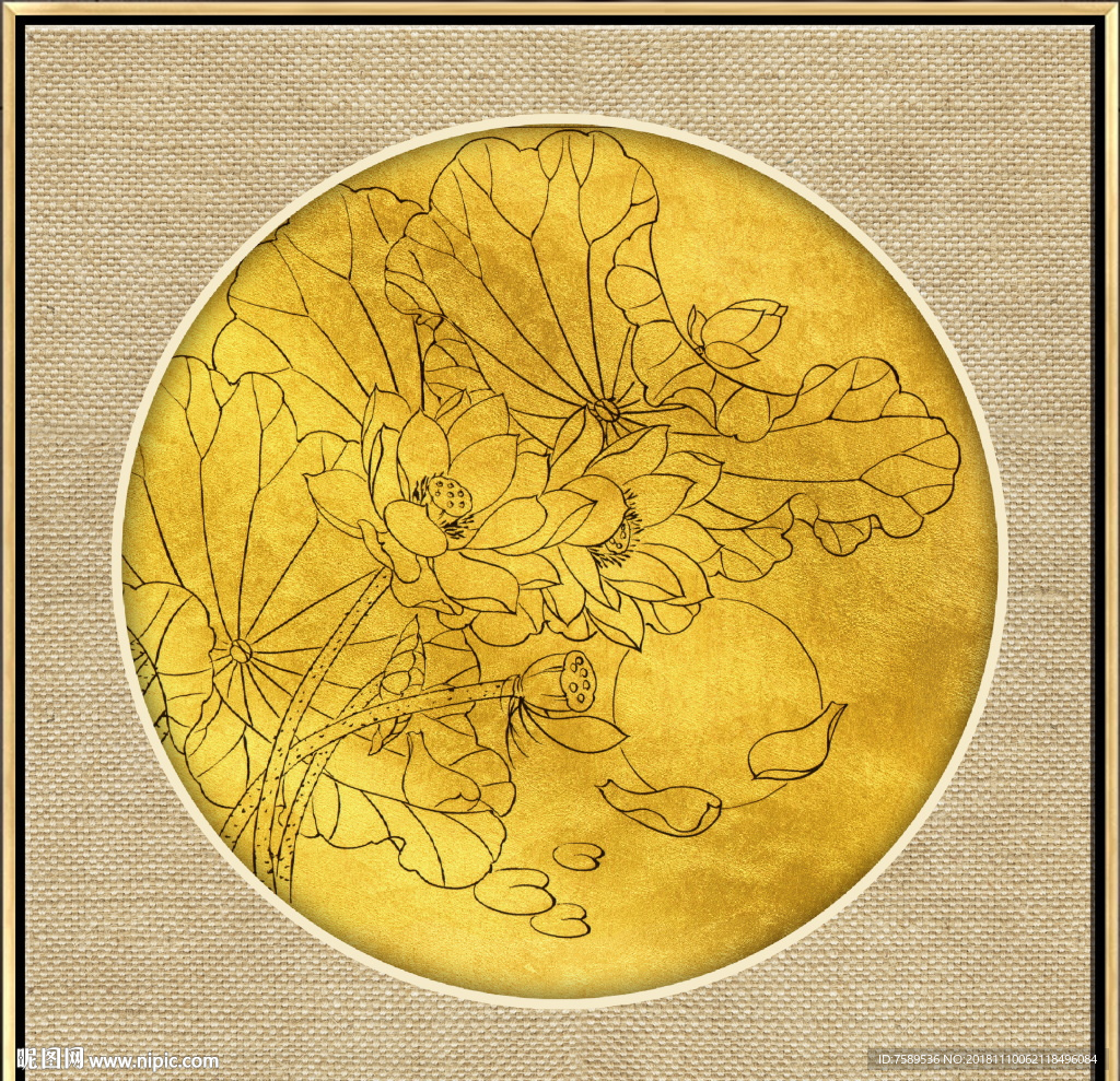 新中式金线荷花装饰画