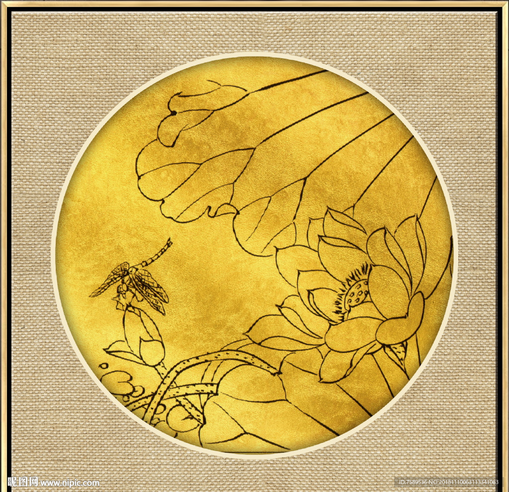 新中式金线荷花装饰画