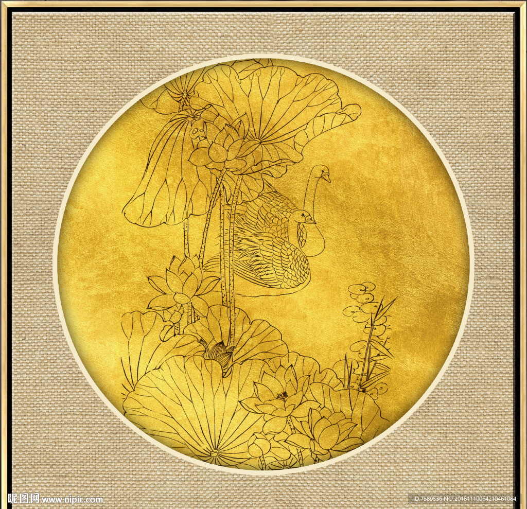 新中式金线荷花装饰画