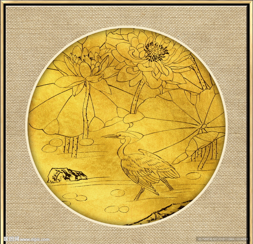 新中式金线荷花装饰画