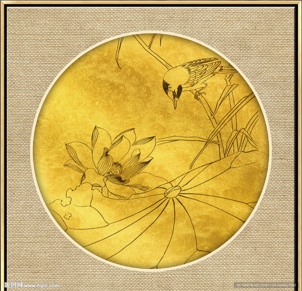 新中式金线荷花装饰画