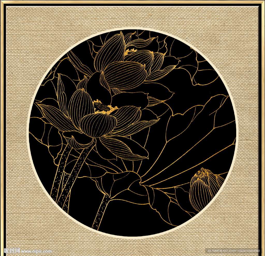 新中式金线荷花装饰画