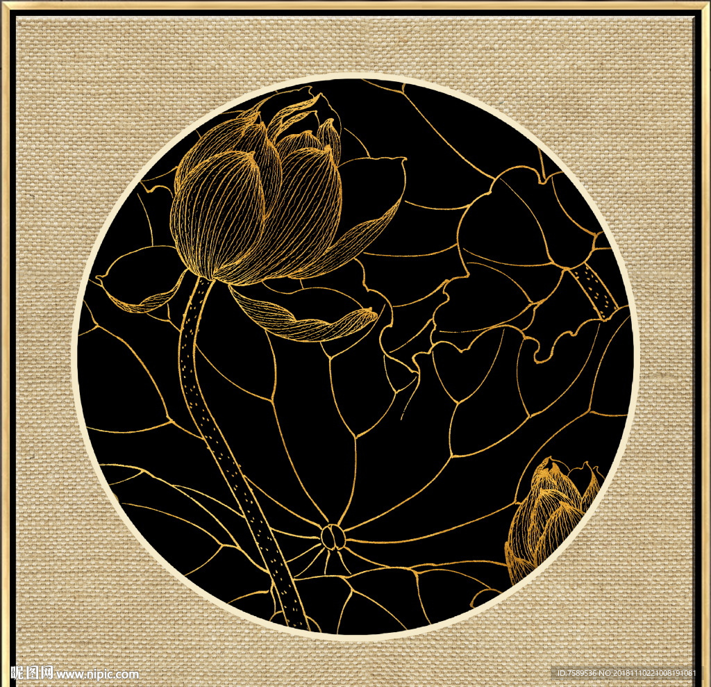 新中式金线荷花装饰画