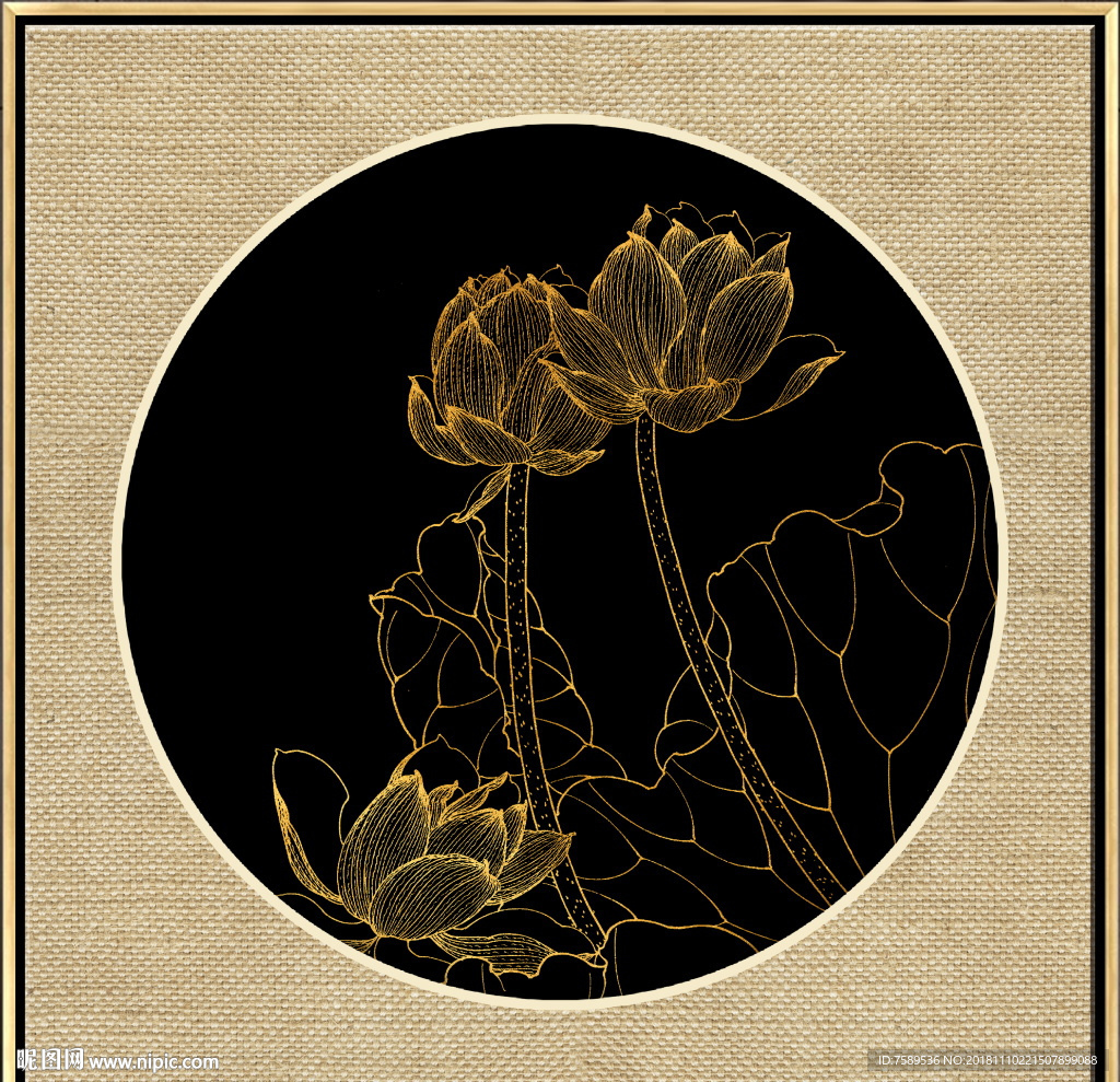 新中式金线荷花装饰画