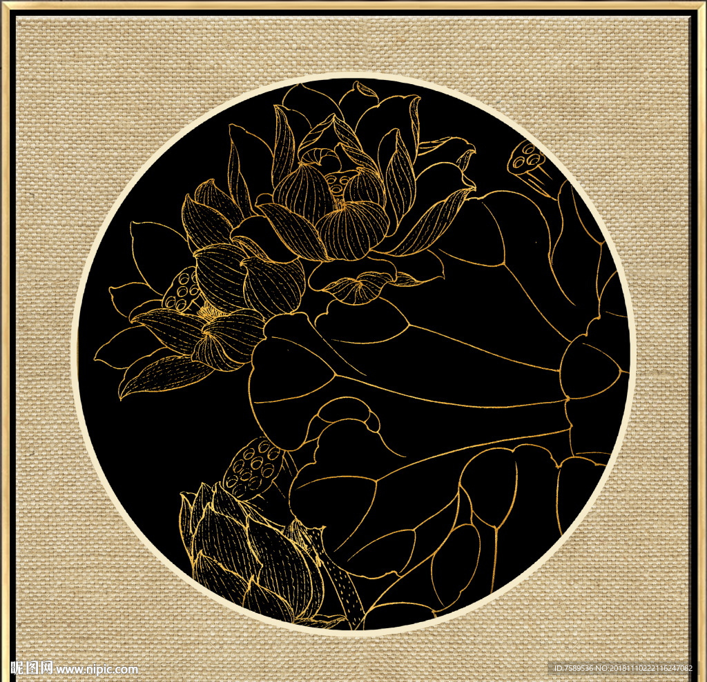新中式金线荷花装饰画