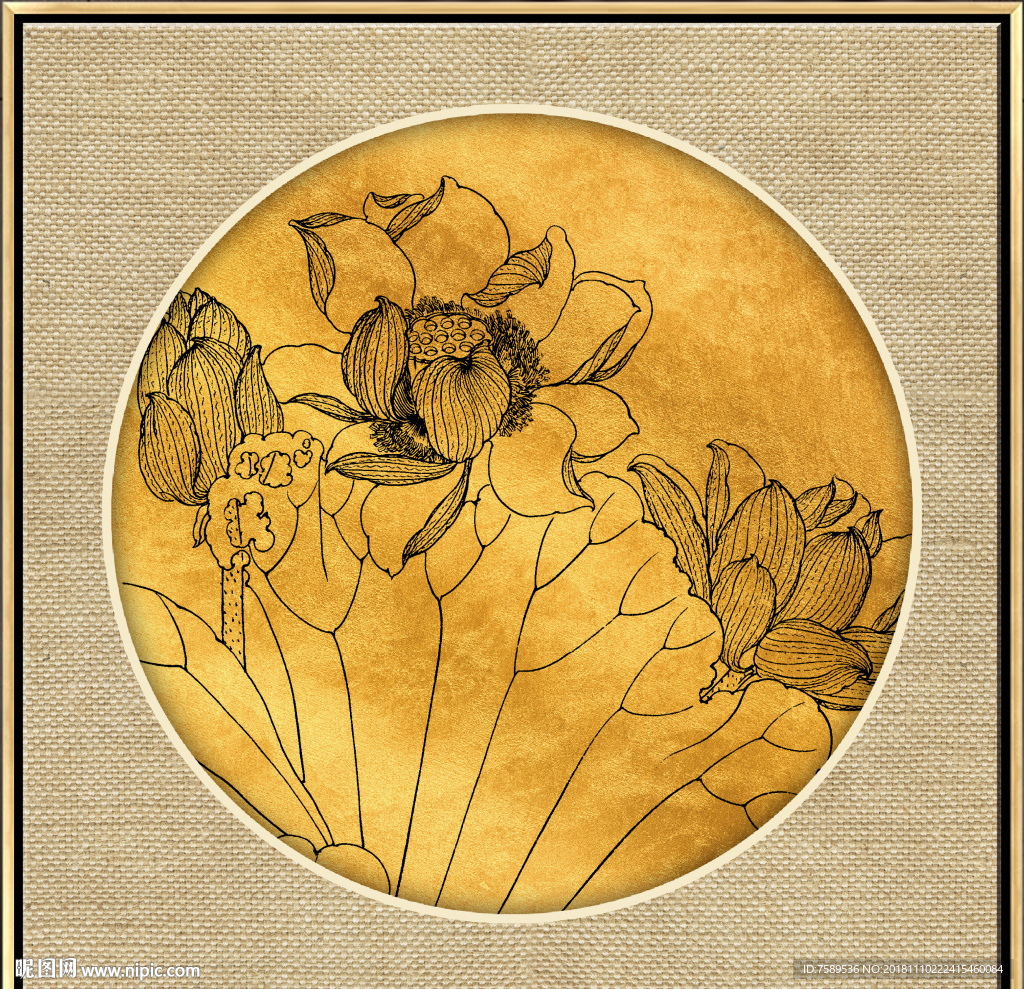 新中式金线荷花装饰画