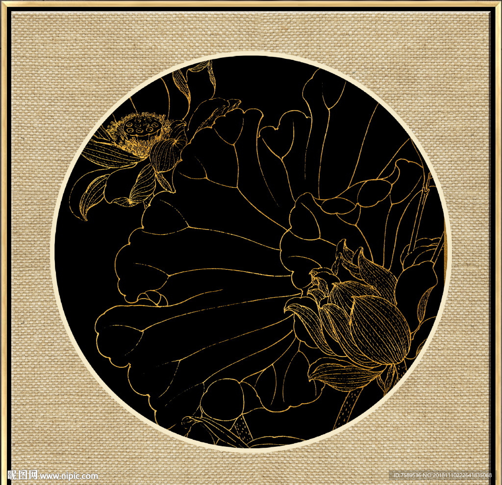 新中式金线荷花装饰画