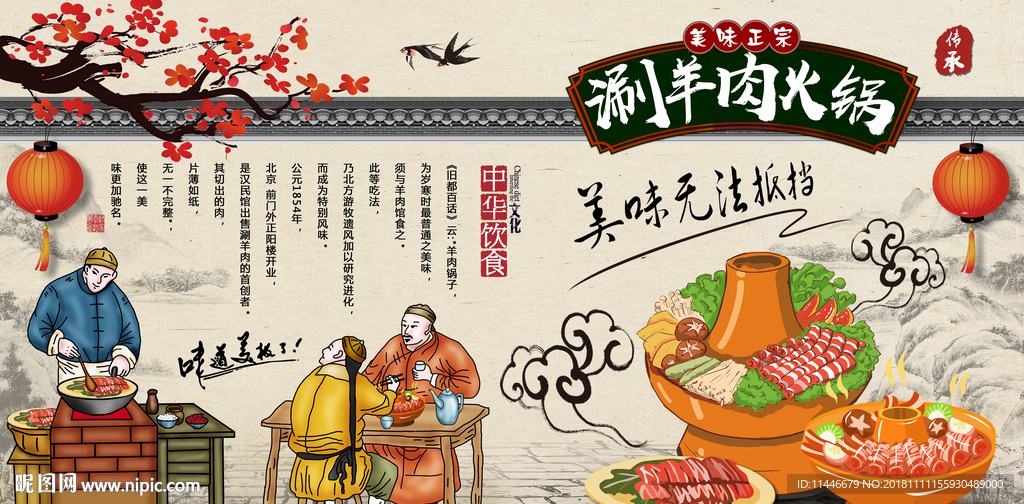涮羊肉火锅美食复古背景