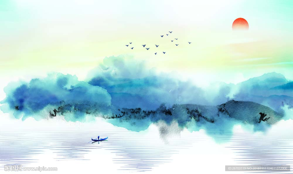 新中式抽象意境水墨山水画背景墙