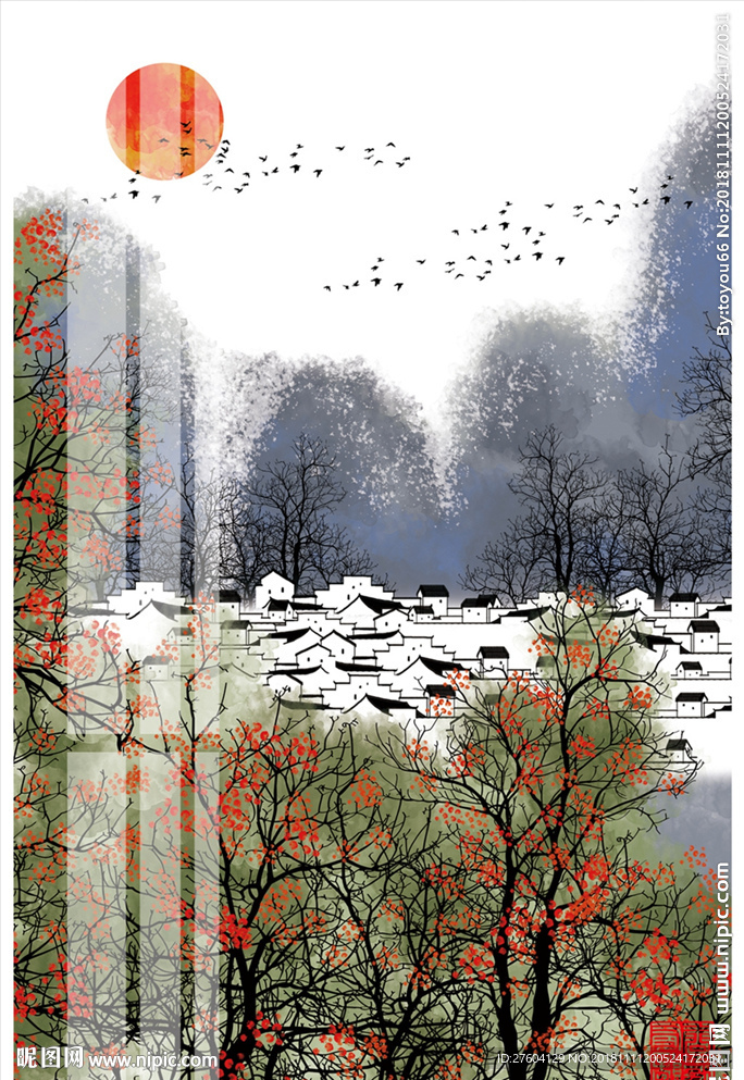 水墨淡彩风景装饰画