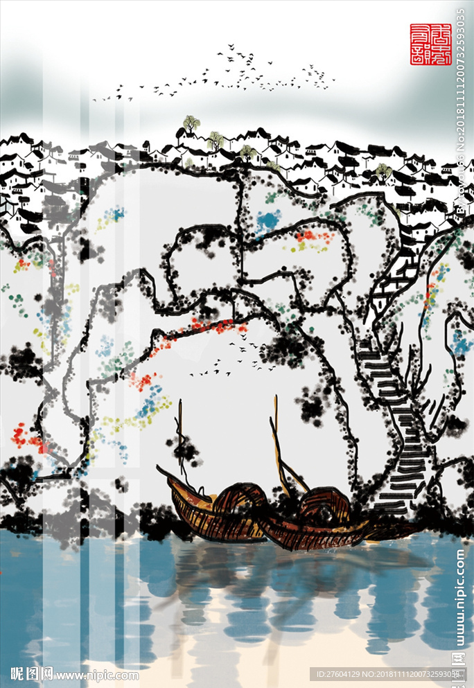 中国风手绘民俗水墨风景装饰画