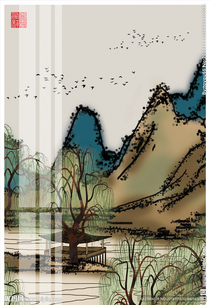 中国风手绘民俗风景装饰画