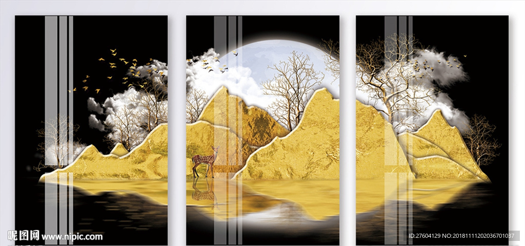 中国风立体金色山川风景装饰画