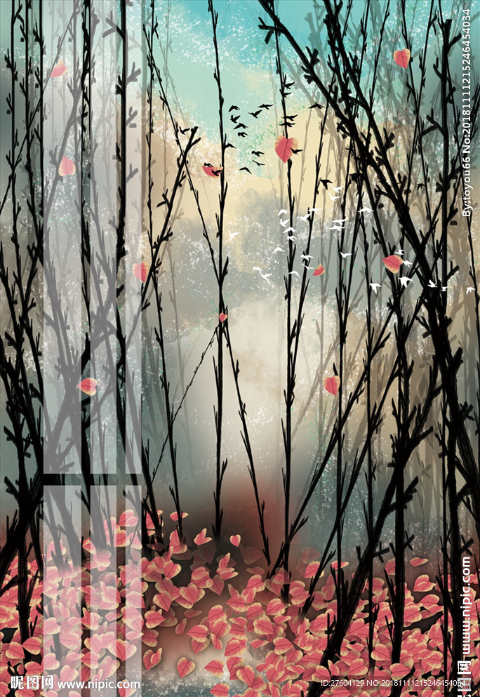 手绘森林风景装饰画