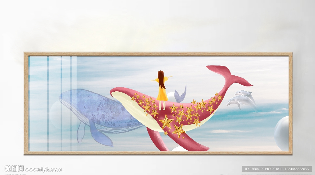 北欧小清新风鲸鱼小女孩装饰画