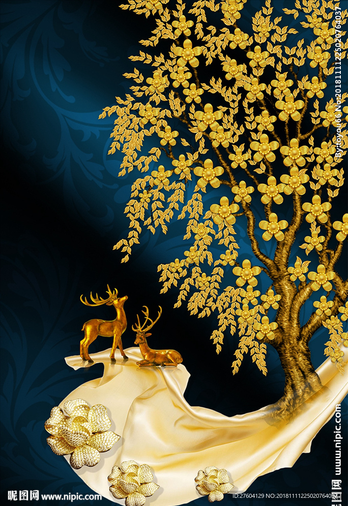 北欧金色发财树麋鹿装饰画设计图