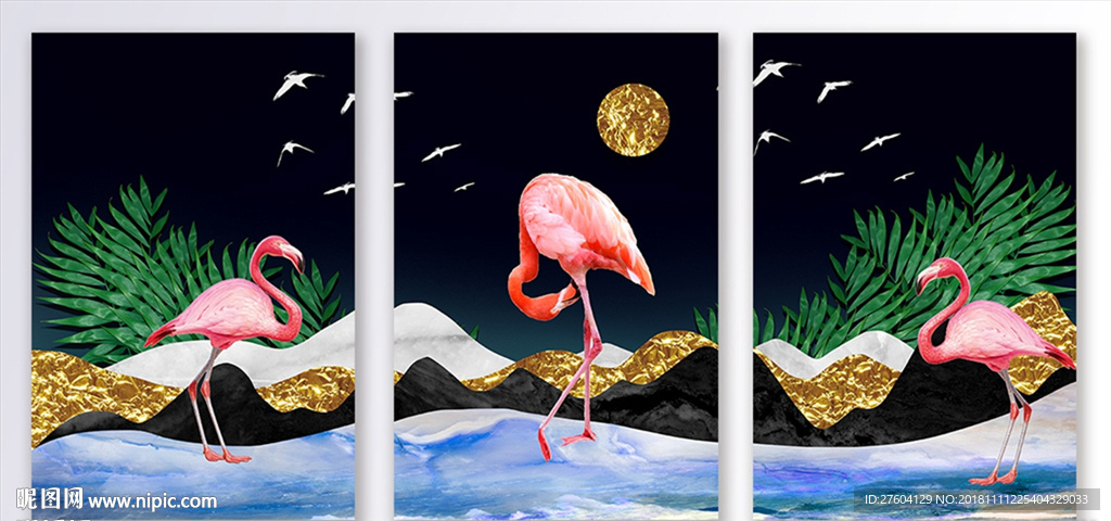 北欧火烈鸟森林山脉金色装饰画