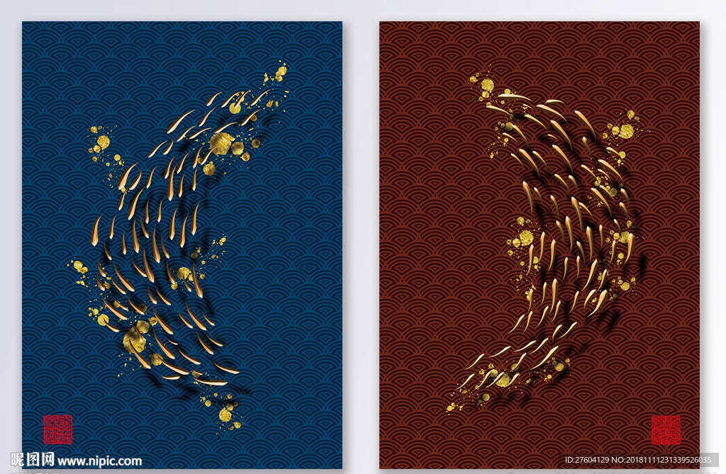 中国风鱼群风景创意装饰画