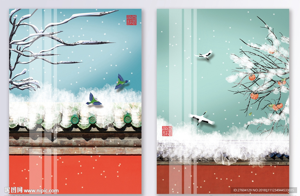 中国风建筑冬季风景装饰画