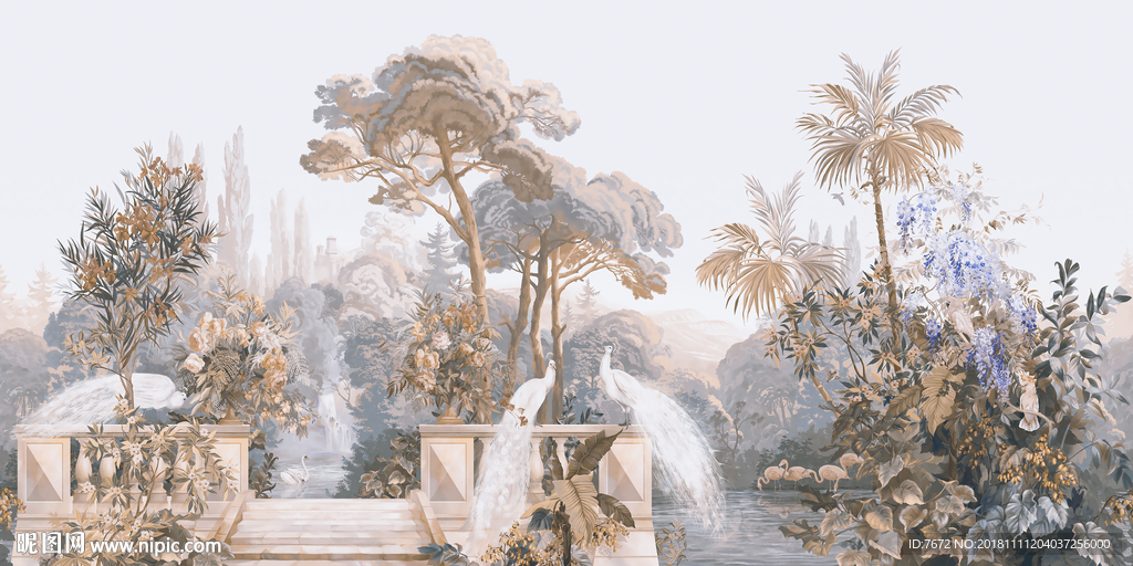 欧式复古手绘花鸟椰树风景