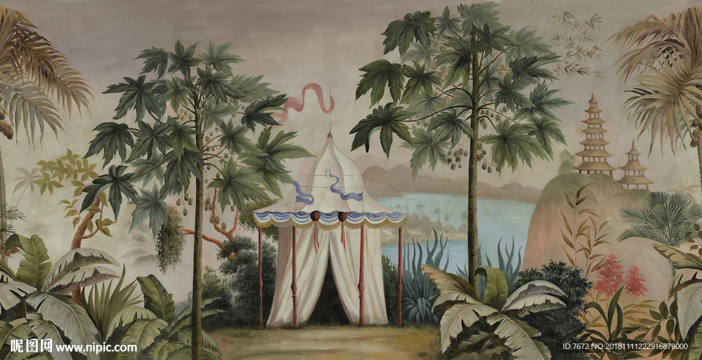 复古欧式手绘雨林帐篷田园芭蕉