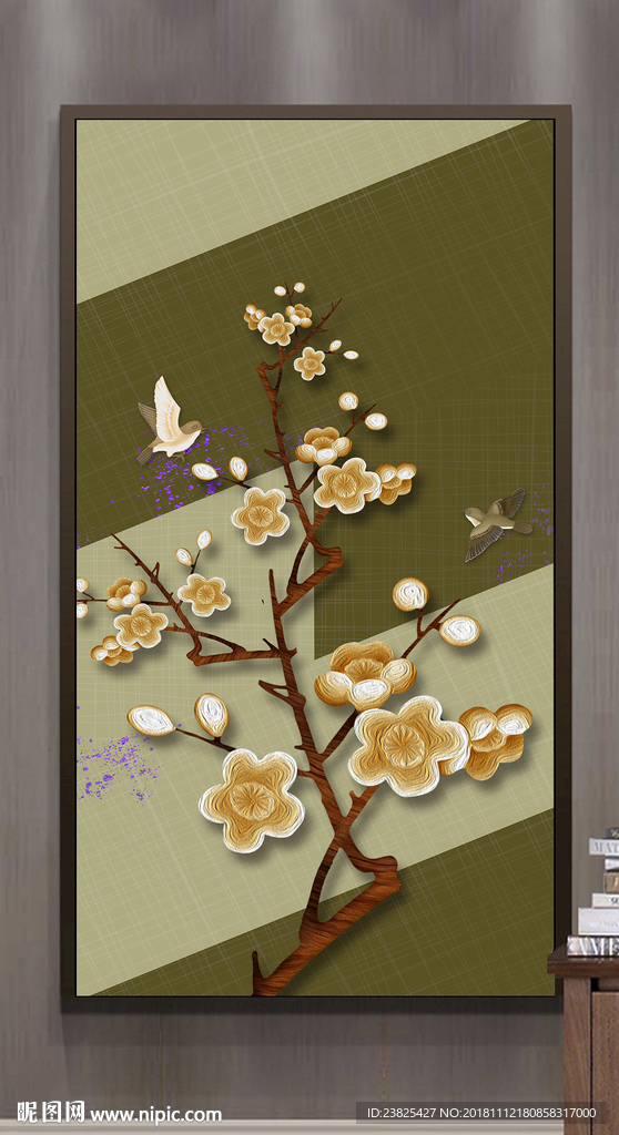 新中式手绘工笔花鸟玄关背景墙