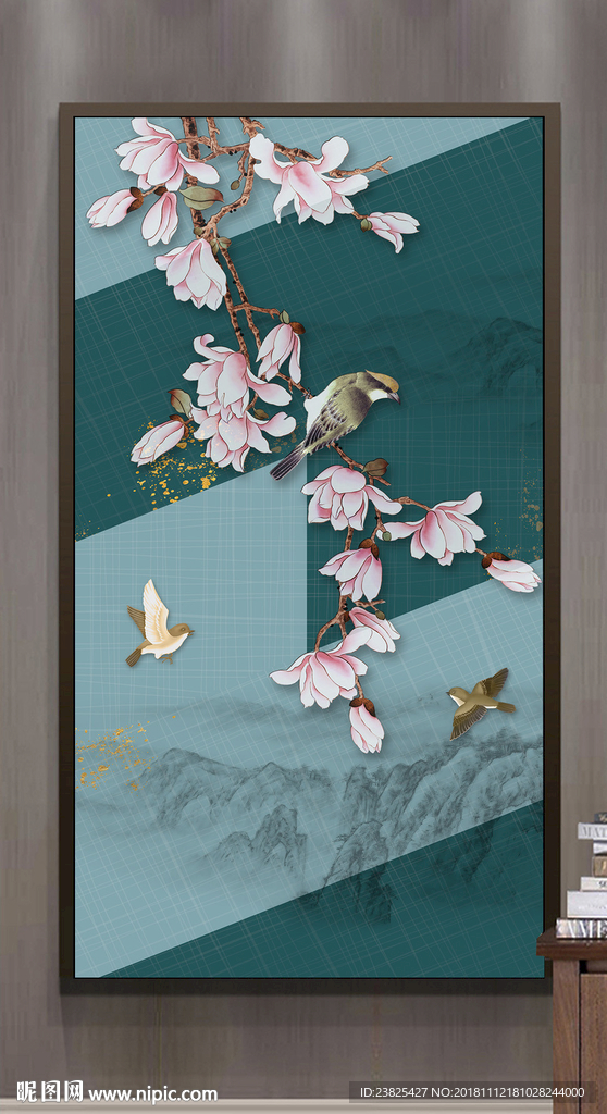 新中式手绘玉兰花鸟玄关背景墙