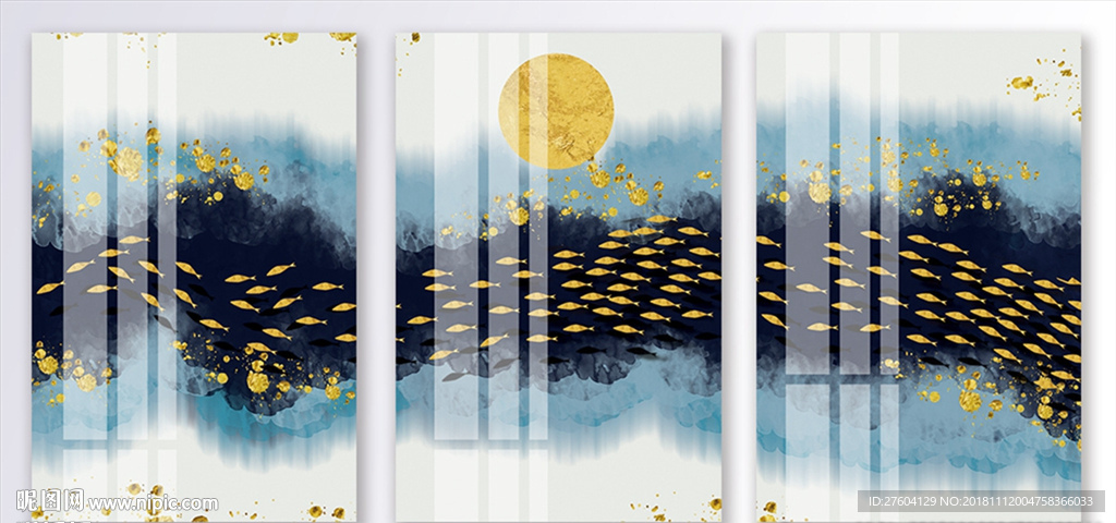 中式大气淡彩鱼群风景装饰画