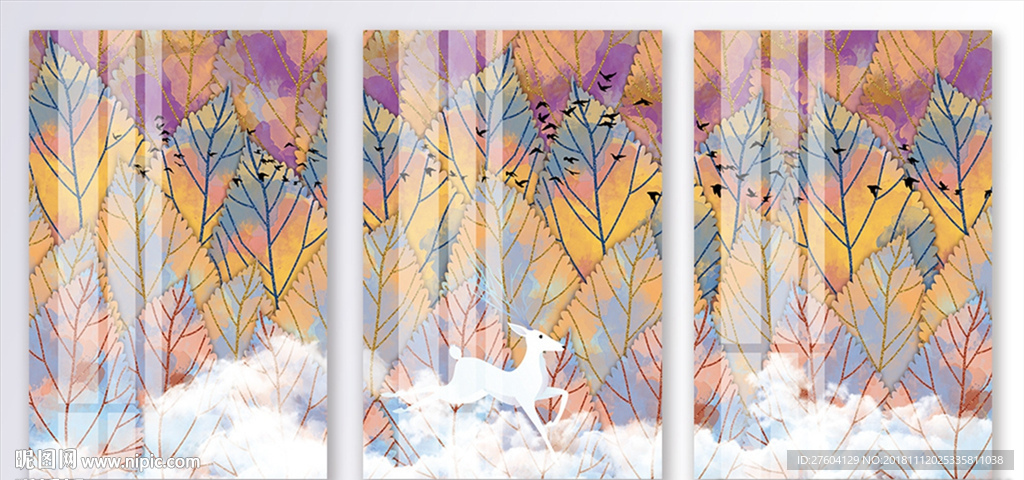 手绘唯美淡彩森林风景装饰画