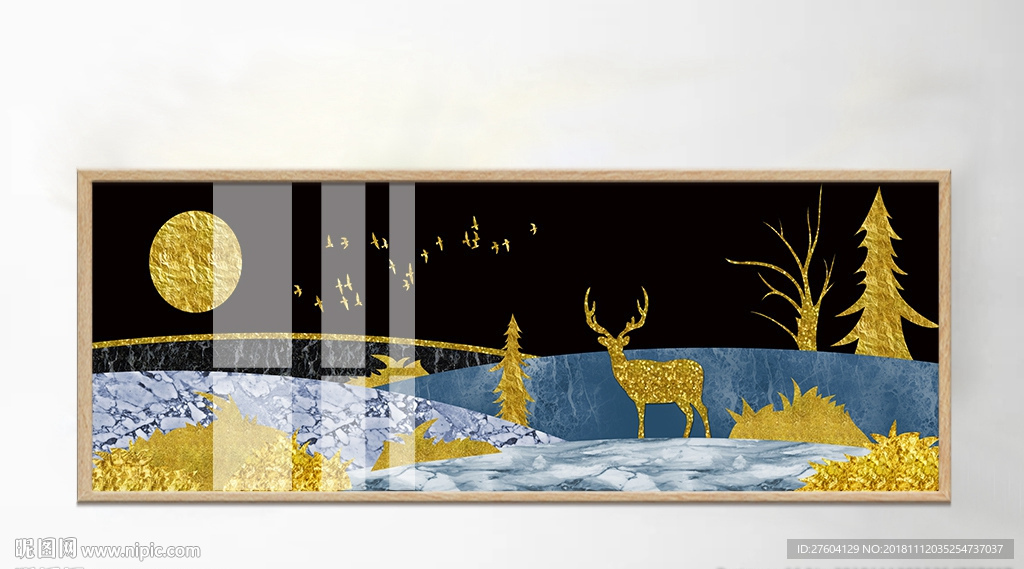抽象山林麋鹿飞鸟金色装饰画