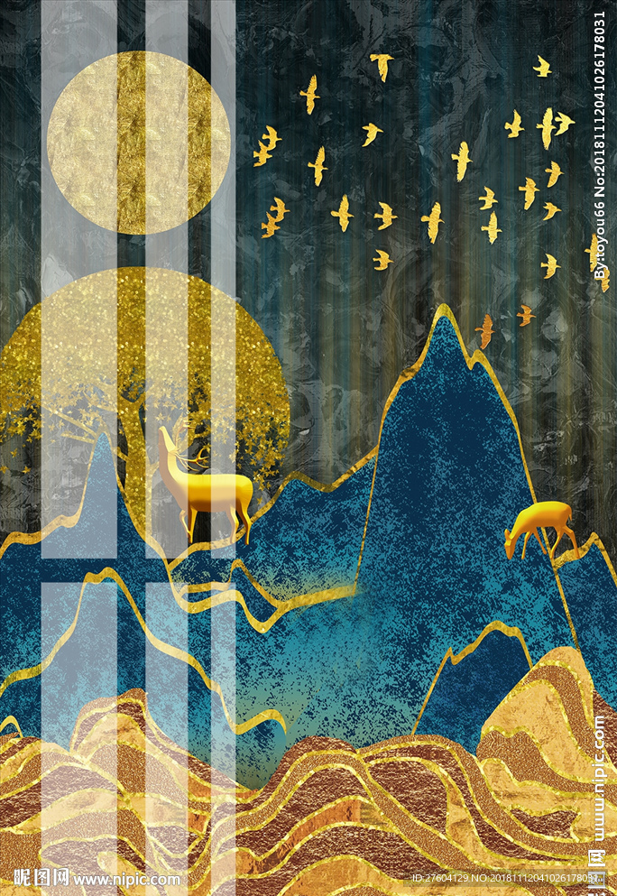 抽象北欧山林麋鹿金色飞鸟装饰画