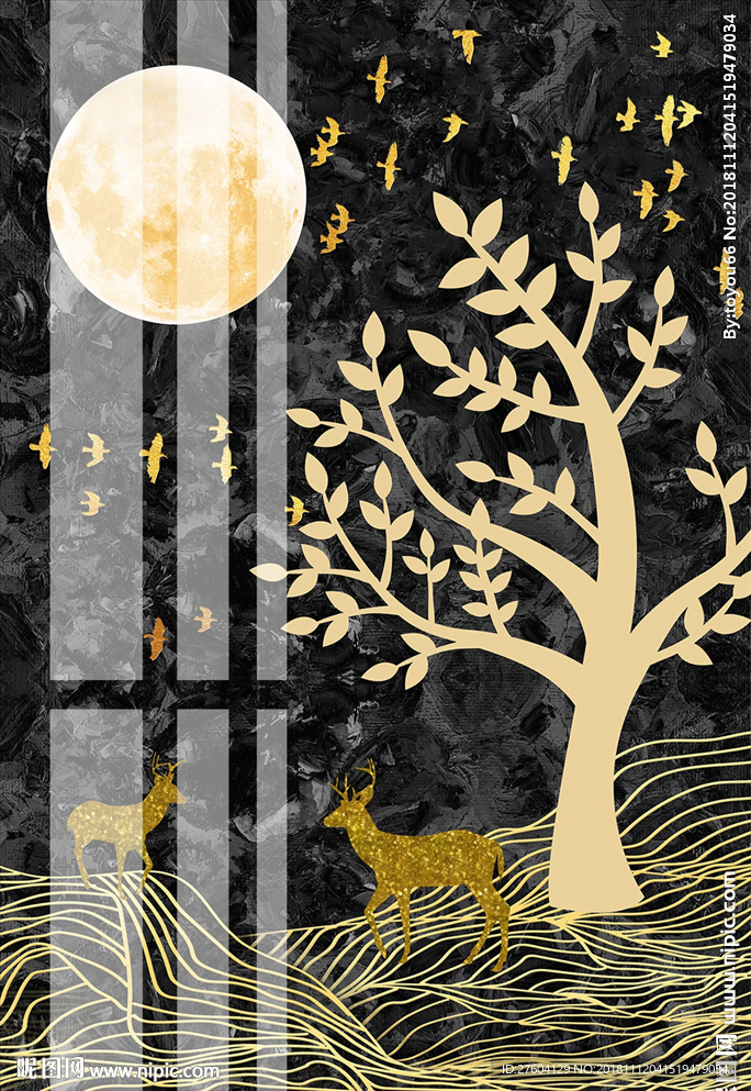 抽象金色大树麋鹿飞鸟装饰画
