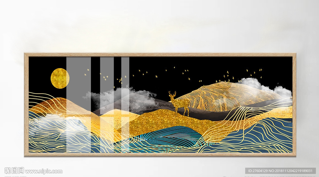 抽象金色山水麋鹿风景装饰画