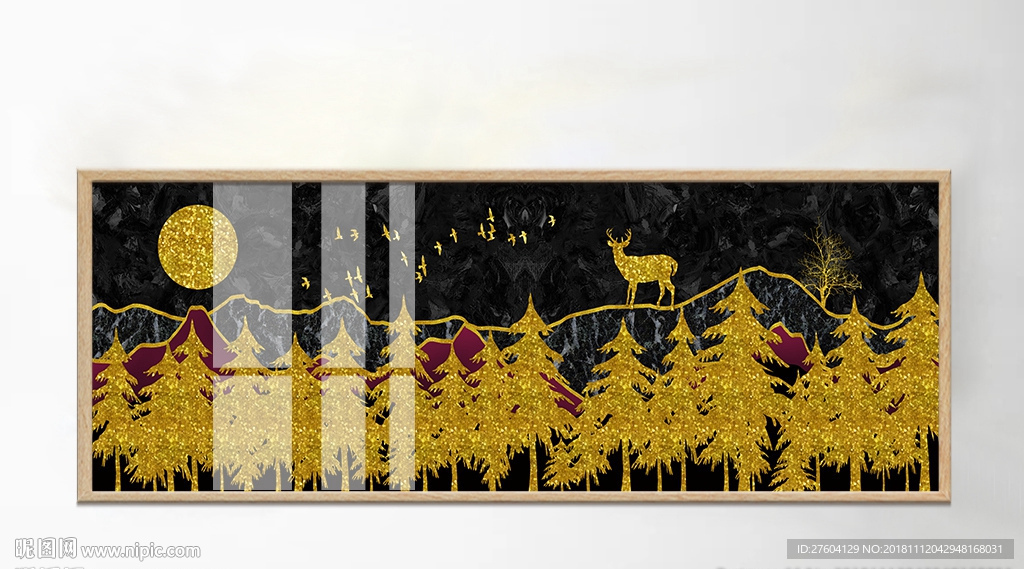 抽象金色树林麋鹿飞鸟装饰画