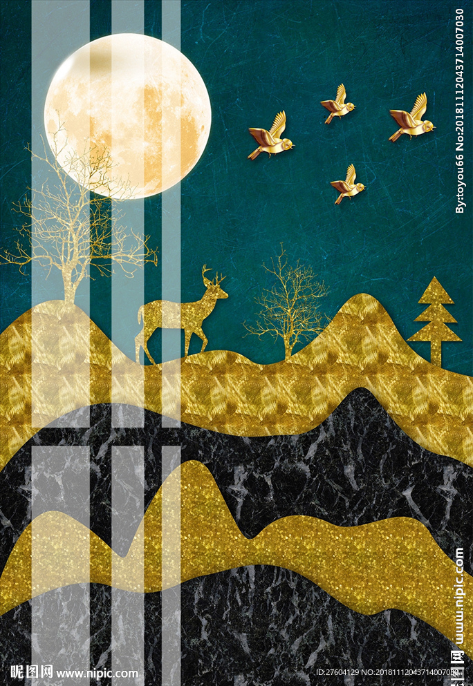 抽象立体山林麋鹿飞鸟装饰画