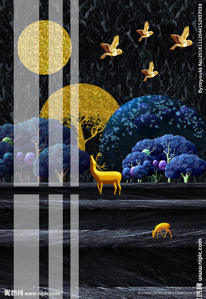 抽象山峦麋鹿花鸟风景装饰画