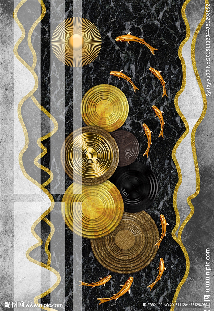 抽象文艺风鱼群金色时尚装饰画