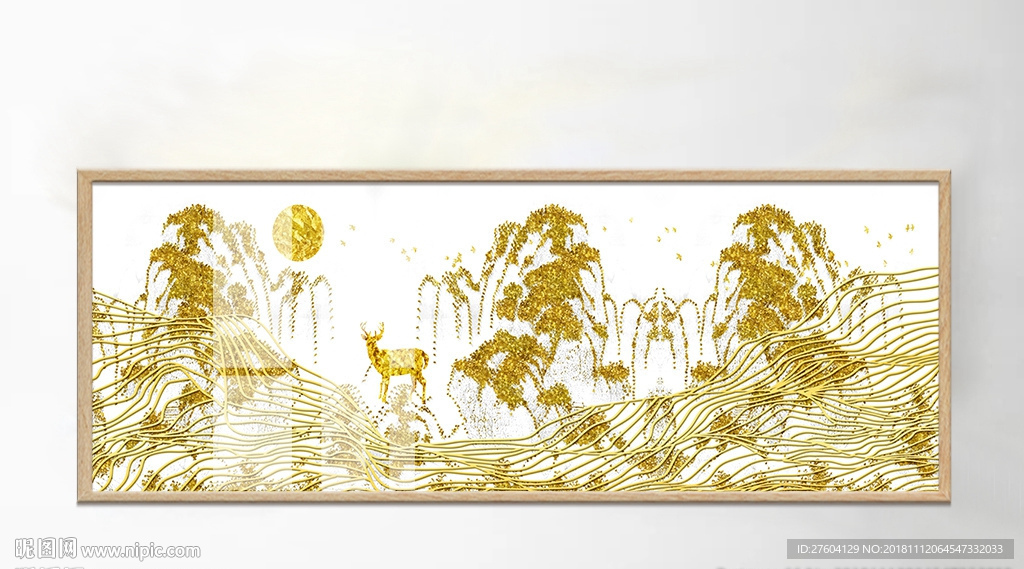 中国风金箔山水线条麋鹿装饰画