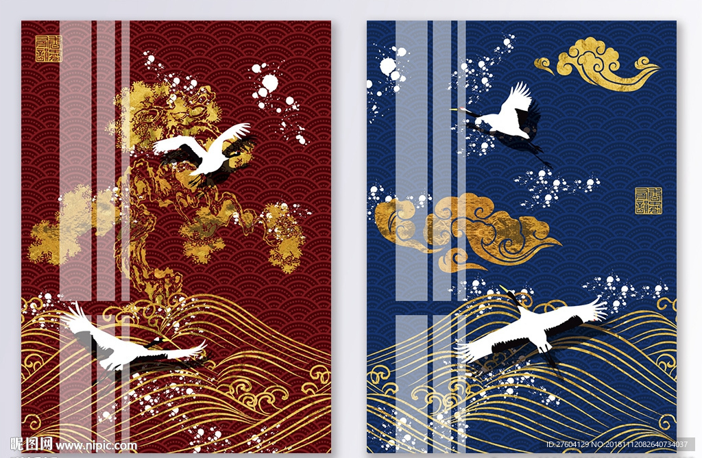 中国风创意仙鹤金箔风景装饰画