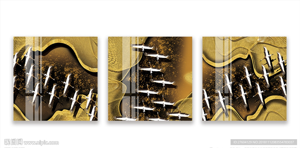 中式金色线条飞鸟创意装饰画