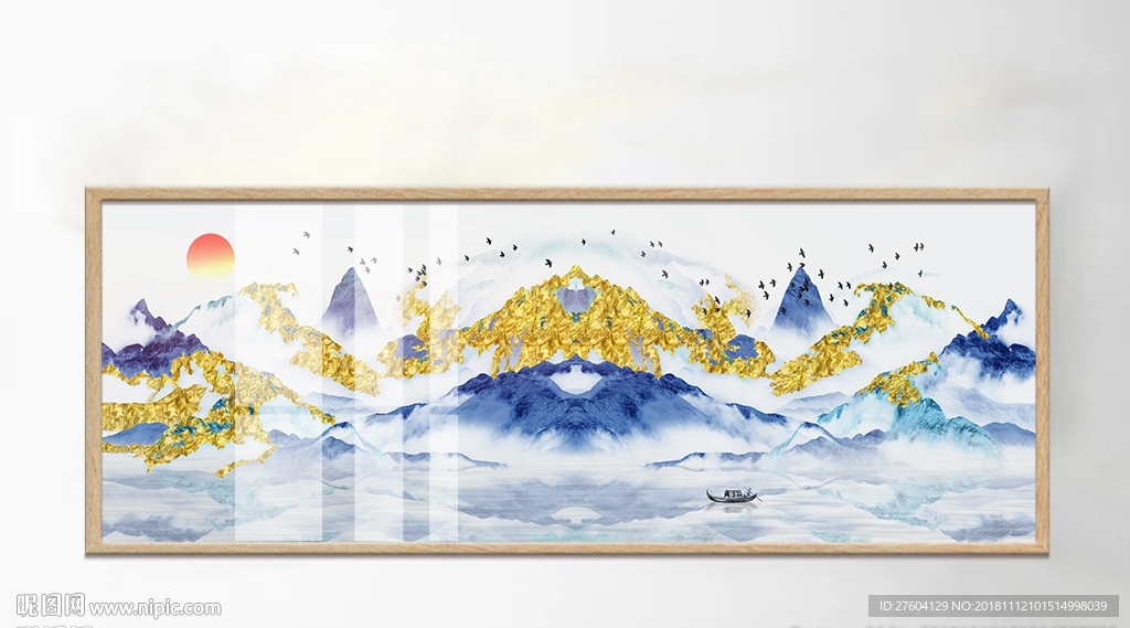 蓝色山水金箔画中式装饰画