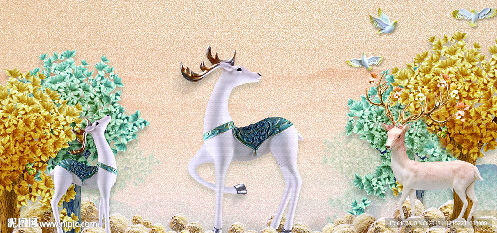 小鹿PSD雕刻背景墙